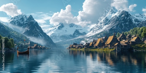 Picturesque norwegian village nestled between mountains and calm lake