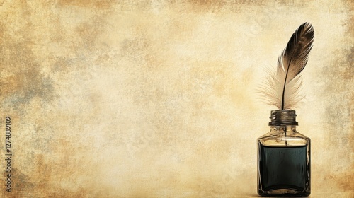 Antique Ink Bottle with Feather Quill on Vintage Textured Background