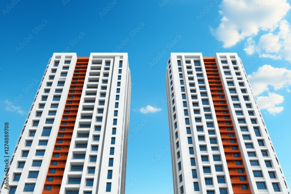 Two modern high-rise apartment buildings with a sleek white and orange exterior stand tall against a vivid blue sky with scattered clouds, symbolizing urban architecture and residential living Two modern high-rise apartment buildings with a sleek white and orange exterior stand tall against a vivid blue sky with scattered clouds, symbolizing urban architecture and residential living