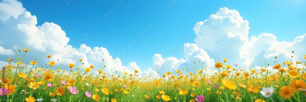 Blue sky with fluffy white clouds and a carpet of yellow and pink wildflowers, blooms, sky