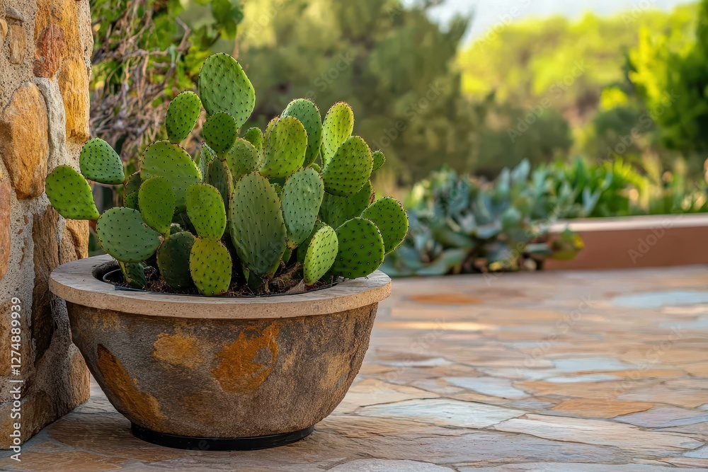 Lush Green Cactus in Decorative Pot Against Natural Stone Wall in Bright Outdoor Setting Lush Green Cactus in Decorative Pot Against Natural Stone Wall in Bright Outdoor Setting