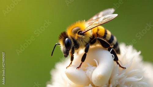 Yellow and black striped bee alights on fuzzy lamb s ear, wildlife, yellow