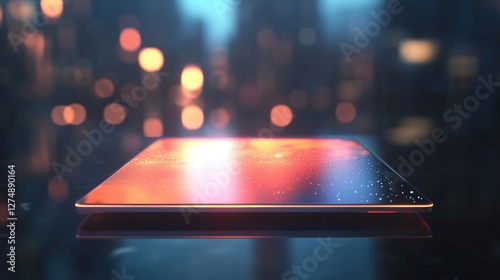 Futuristic tablet glowing, city night background. Tech product presentation