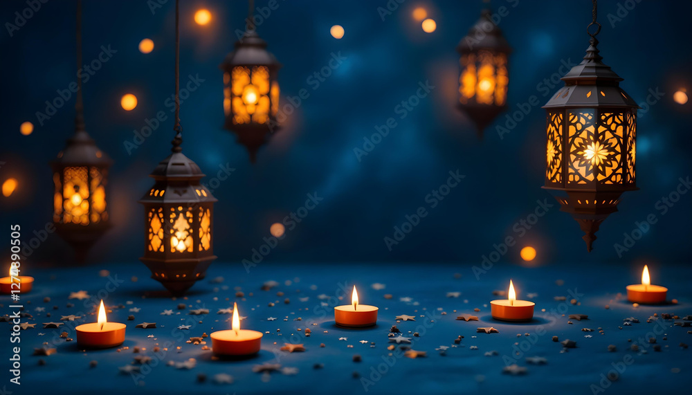 Dark blue background with antique brass lanterns, rustic candles, and floral decor, creating a peaceful and nostalgic Ramadan atmosphere. Dark blue background with antique brass lanterns, rustic candles, and floral decor, creating a peaceful and nostalgic Ramadan atmosphere.