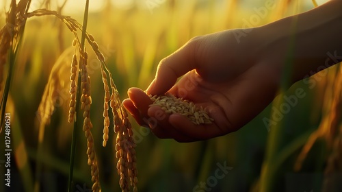Hand harvesting rice grains at sunset, golden field background. Agriculture, food production