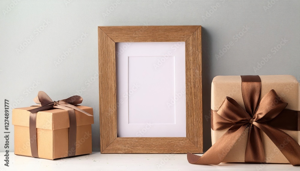 Minimalist Blank Frame Mockup with Gift Box for Artwork Presentation Elegant and Versatile Canvas for Showcasing Art, Photos, or Paintings in a Chic Modern Setting
