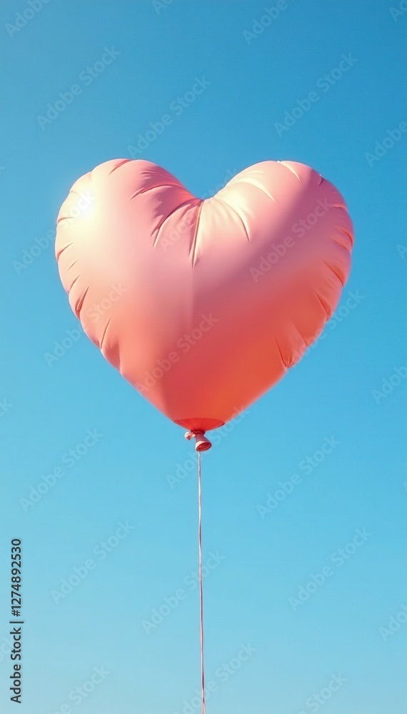Fototapeta premium Delicate peach fuzz heart balloon against a clear blue sky backdrop, heart, airy, balloon