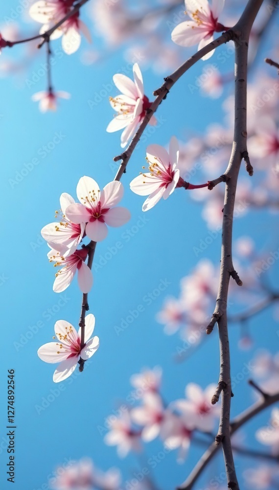 blue sky reflects off the delicate petals of flowers on thin tree branch tips, peaceful, tree branches, reflection blue sky reflects off the delicate petals of flowers on thin tree branch tips, peaceful, tree branches, reflection
