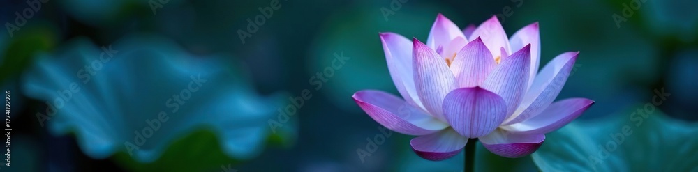 Delicate petals unfolding in a blue silk lotus flower, iridescent, serene