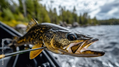 Walleye caught in a lake, summer fishing.  Background Forest, water. Use Fishing magazine