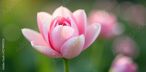 Soft petals of pink and white hues on a green stem, garden, pastel