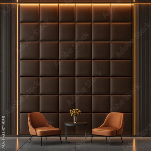 Luxurious brown leather wall paneling with orange armchairs and a small table, illuminated by warm light.