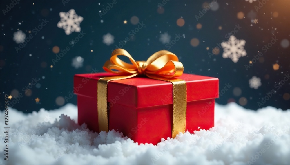 Red box wrapped in golden ribbon amidst falling snowflakes, snowflake decoration, gold ribbon wrap Red box wrapped in golden ribbon amidst falling snowflakes, snowflake decoration, gold ribbon wrap