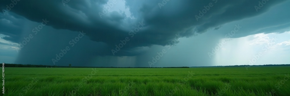 Dark storm clouds gather over a field with heavy rain falling from the sky, grey, rain Dark storm clouds gather over a field with heavy rain falling from the sky, grey, rain