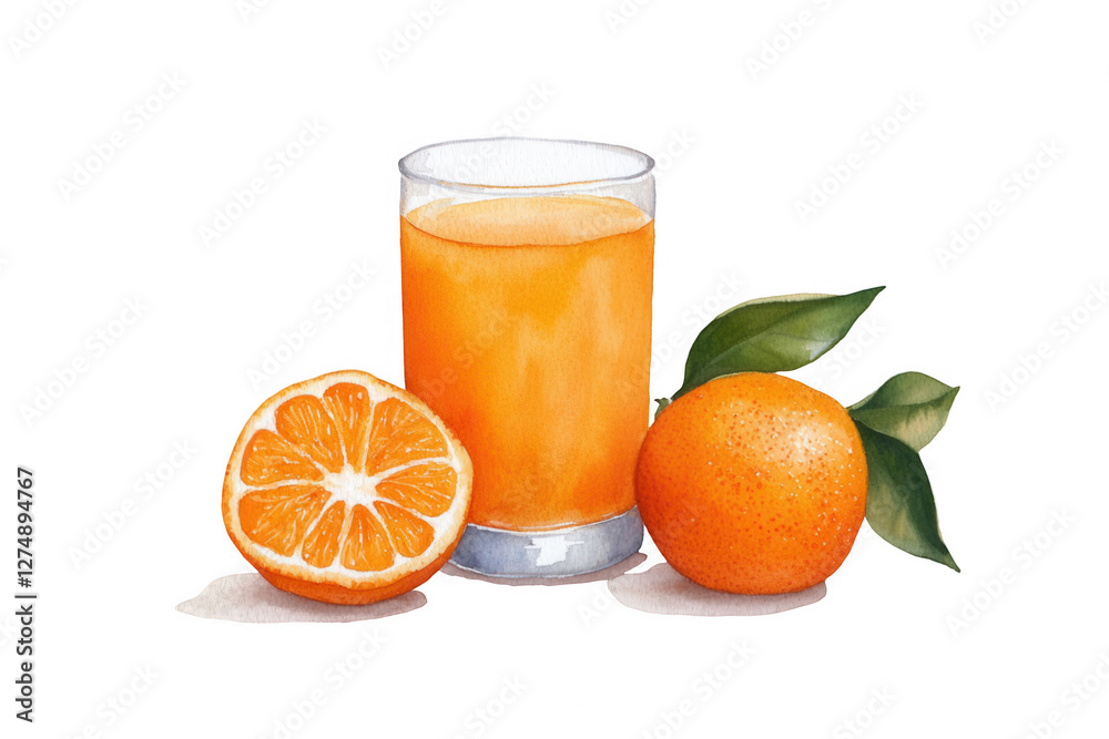Freshly squeezed orange juice served in a clear glass with whole and halved oranges placed beside it on a bright white background creating a vibrant, refreshing aesthetic Freshly squeezed orange juice served in a clear glass with whole and halved oranges placed beside it on a bright white background creating a vibrant, refreshing aesthetic