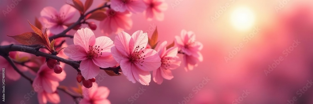 Soft pink cherry blossoms sway gently in the breeze, nature, red sunset Soft pink cherry blossoms sway gently in the breeze, nature, red sunset