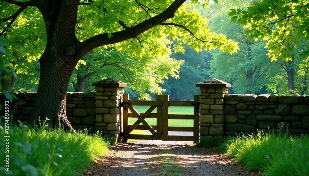 Wooden fence with a stone gate and overhanging branches in a forest clearing, stone wall, natural, greenery Wooden fence with a stone gate and overhanging branches in a forest clearing, stone wall, natural, greenery