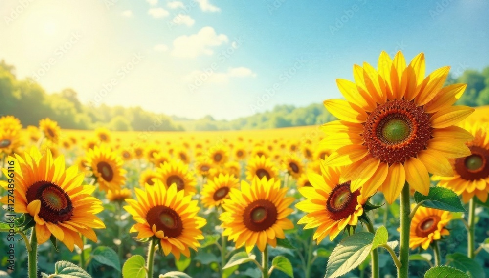 Watercolor sunflower fields with warm hues, sunny, flowers, landscape Watercolor sunflower fields with warm hues, sunny, flowers, landscape