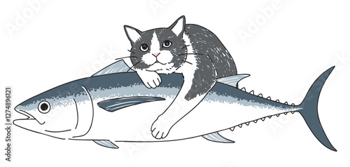 魚と猫の手書きイラスト