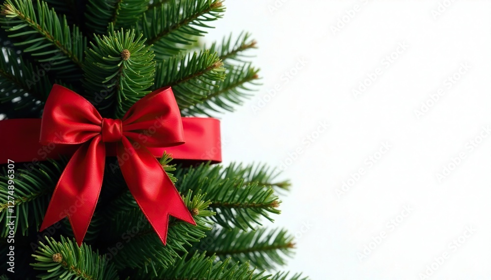 Red bow wrapped around a large Christmas tree, holiday, white background, evergreen Red bow wrapped around a large Christmas tree, holiday, white background, evergreen