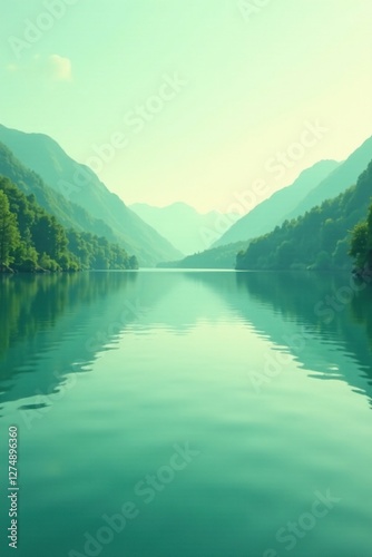 Soft green pastel gradient on calm lake surface, nature, peaceful