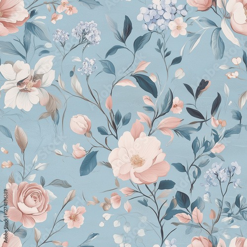 Antique floral design faded blue background with intricate details