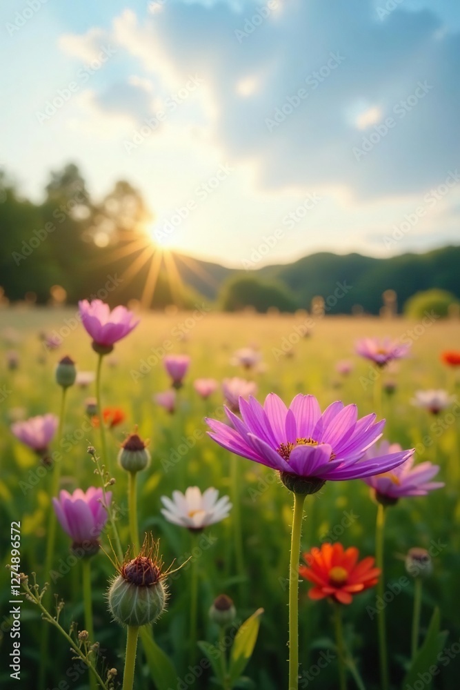 Obraz premium Field of Distelblume Lila wiesenblume in late afternoon sunlight, meadow, flowers in field
