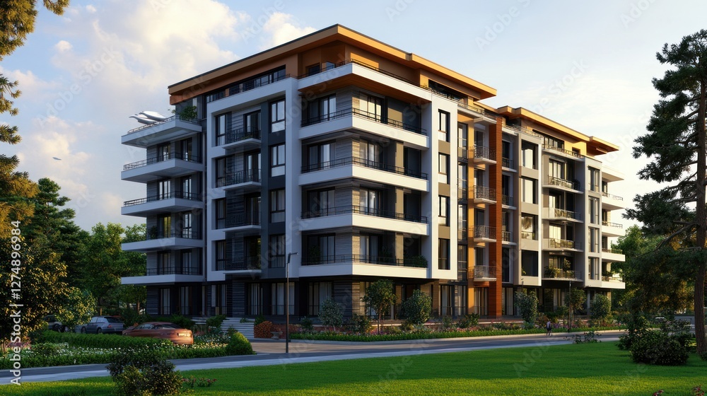 Modern residential building surrounded by greenery and pathways. Modern residential building surrounded by greenery and pathways.