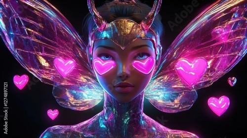 Neon Butterfly Woman With Hearts Digital Art