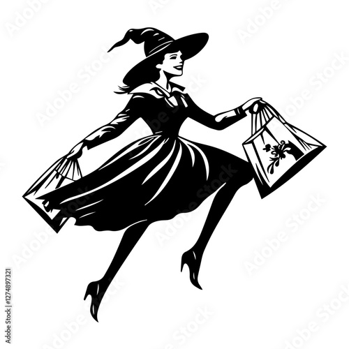 Witch with Shopping Bags Icon – Trendy Halloween Clipart