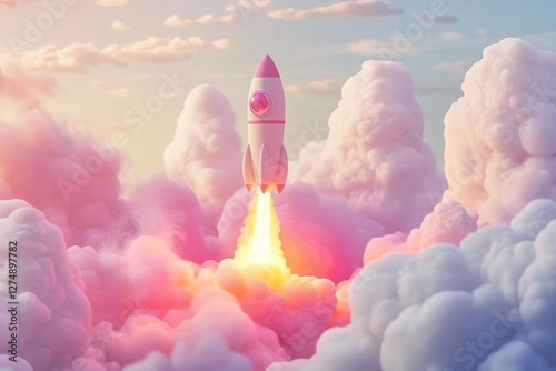 retro-futuristic cartoon rocket with bubble cockpit and flame trail, launching through cotton candy clouds in pastel colors