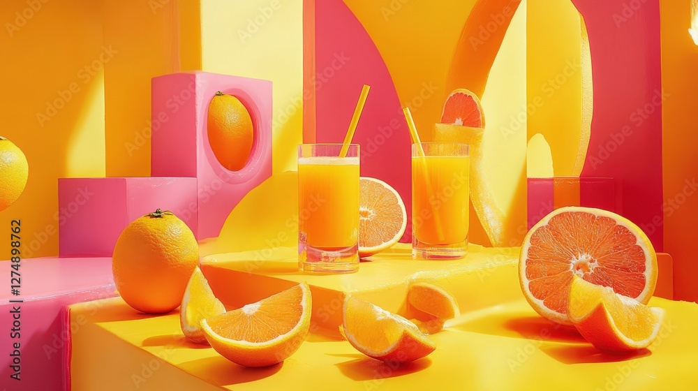 Naklejka premium Vibrant display of fresh oranges and orange juice in a colorful geometric setting