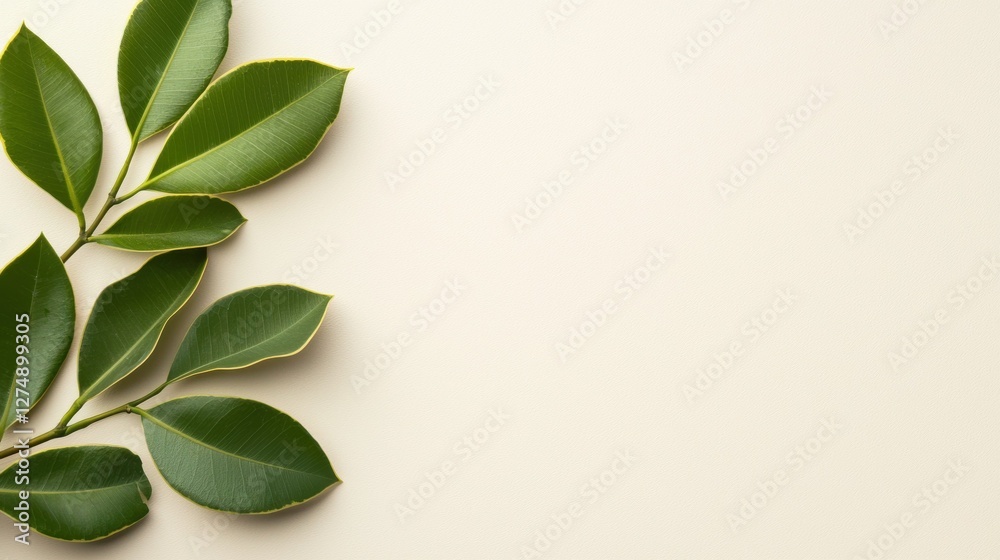 Fototapeta premium A cluster of vibrant green leaves rests against a soft beige background, creating a serene and natural composition.