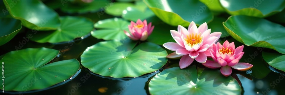 Large leafy lily pads in a pool of freshwater, freshwater, leaves Large leafy lily pads in a pool of freshwater, freshwater, leaves