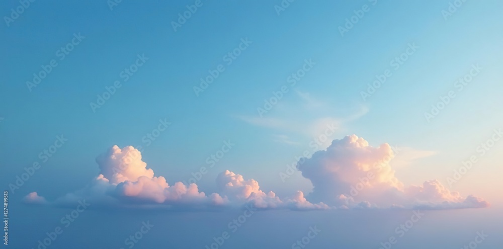Blue sky with a few puffy white clouds at dawn, soft colors, dawn, nature Blue sky with a few puffy white clouds at dawn, soft colors, dawn, nature
