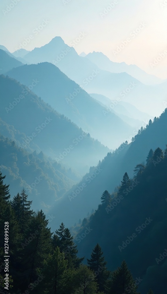 Fototapeta premium Dark misty fog rises from a serene landscape of mountains and trees, nature, fog, abstract background
