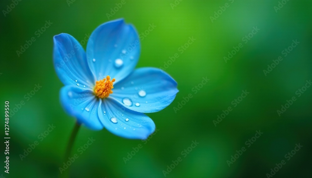 Delicate blue petals with tiny orange droplets on a green background create a sense of serenity, calm, botanicals Delicate blue petals with tiny orange droplets on a green background create a sense of serenity, calm, botanicals