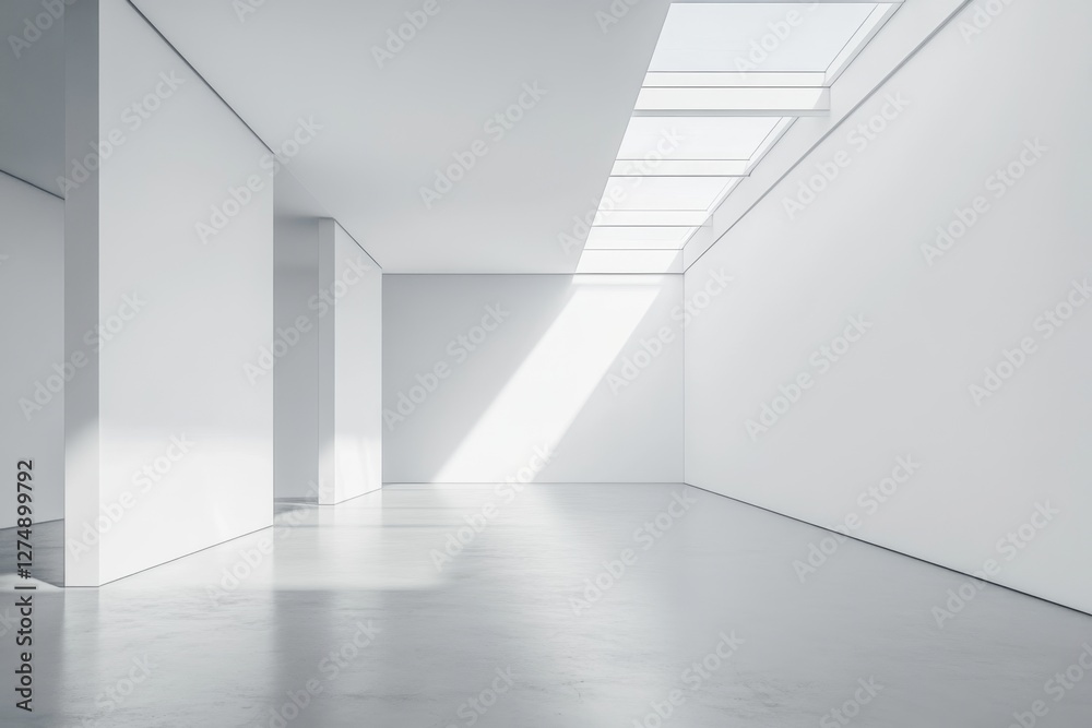 Obraz premium Sunlit minimalist gallery interior, empty space, design