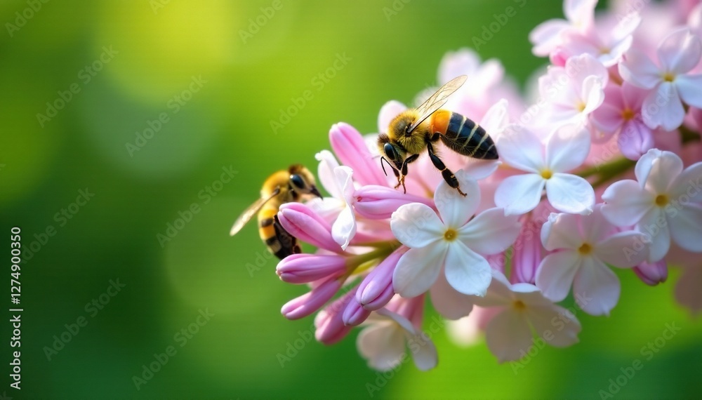 Bees collect nectar from white lilac inflorescences, bees, flowers Bees collect nectar from white lilac inflorescences, bees, flowers