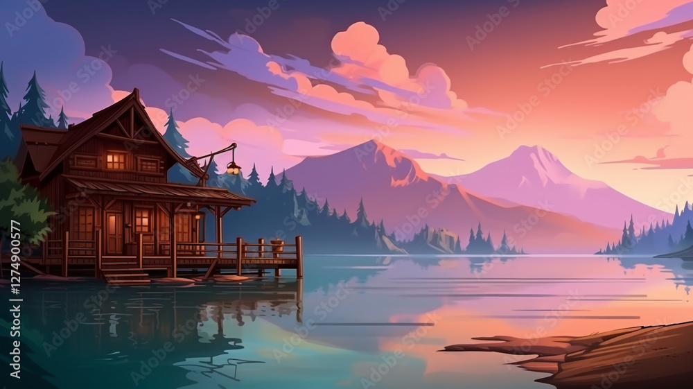 Fototapeta premium Mountain Lake Cabin