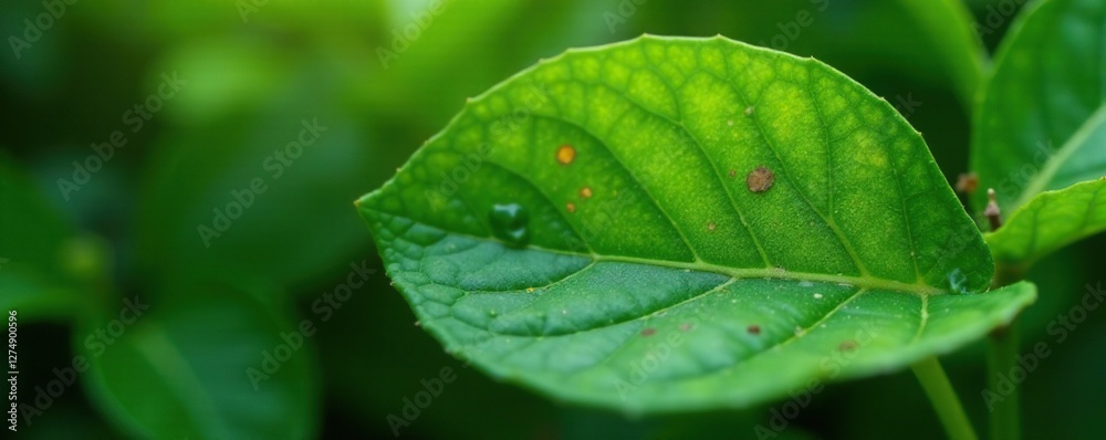 Large green leaf with brown spots on a plant stem, disease, fungal growth Large green leaf with brown spots on a plant stem, disease, fungal growth