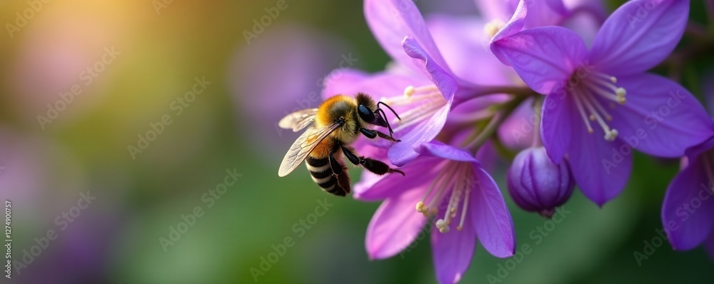 Yellow and black striped bee collecting pollen from wisteria flowers in a garden, petals, insects Yellow and black striped bee collecting pollen from wisteria flowers in a garden, petals, insects