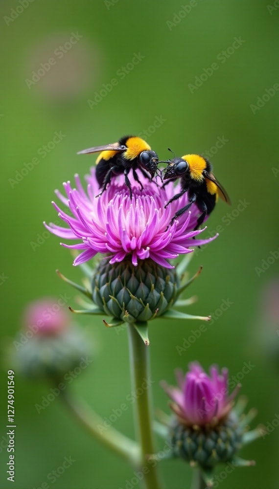 Yellow and black beetles land on purple thistle flowers, pollination, flowers blooming Yellow and black beetles land on purple thistle flowers, pollination, flowers blooming