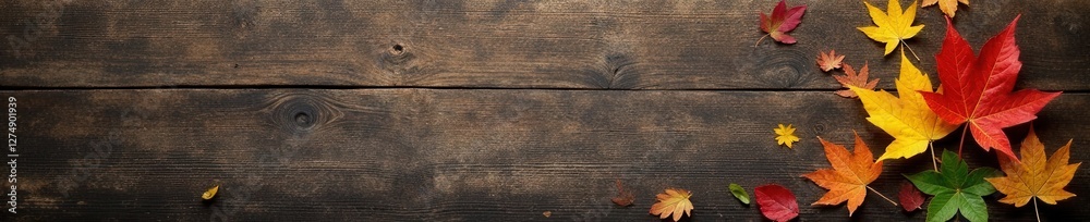 Fototapeta premium Weathered wooden board with rustic texture and a few scattered leaves on its surface , natural elements, tree foliage, wooden boards