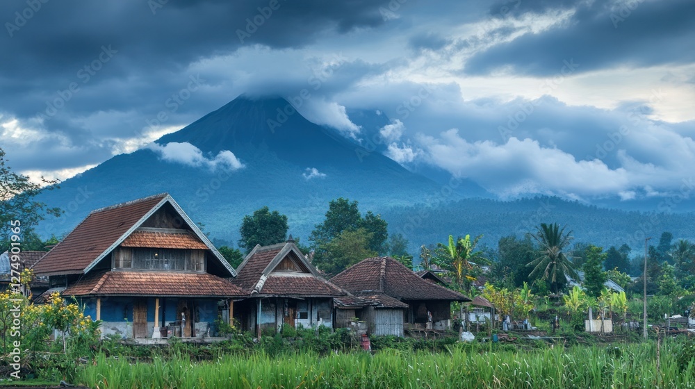 Scenic view of traditional houses with a mountain backdrop under a cloudy sky. Scenic view of traditional houses with a mountain backdrop under a cloudy sky.