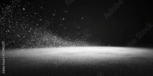 Glittering dust particles falling on a surface in monochrome, for special effects and background