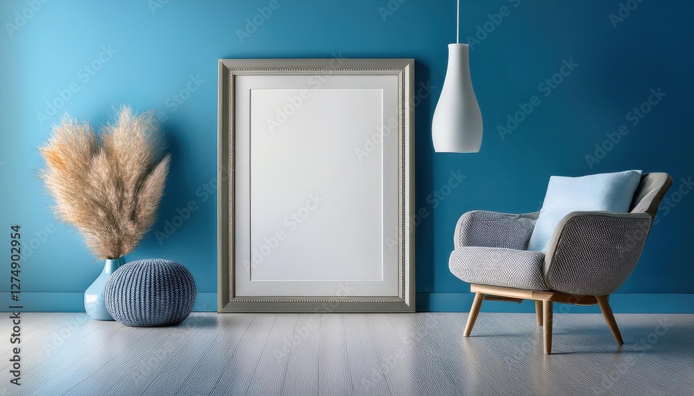 Obraz premium Luminous Light Blue Room Interior with Sleek 3D Blank Picture Frame Mockup, Exuding Modern Tranquility and Minimalist Elegance
