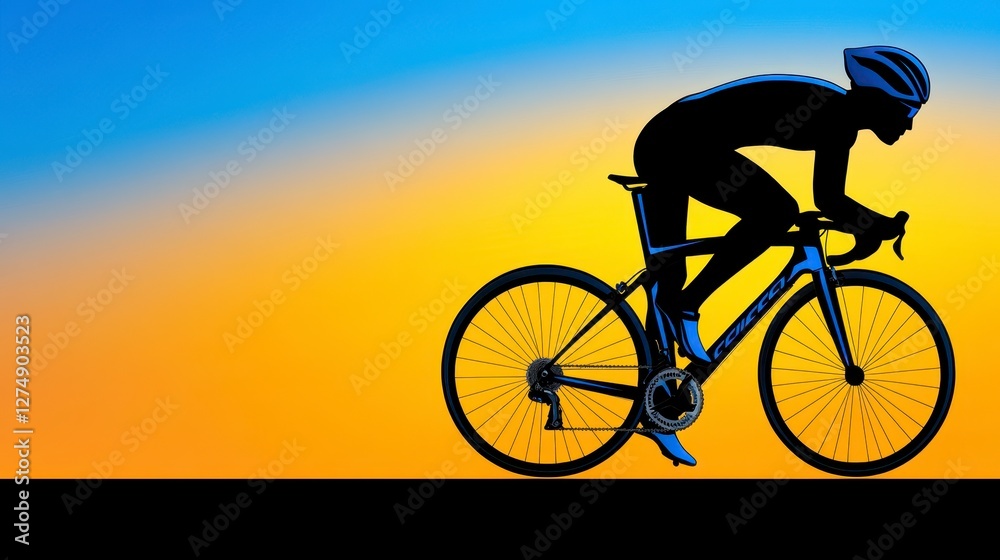 Fototapeta premium Cyclist Silhouette Against Vivid Sunset Sky Background