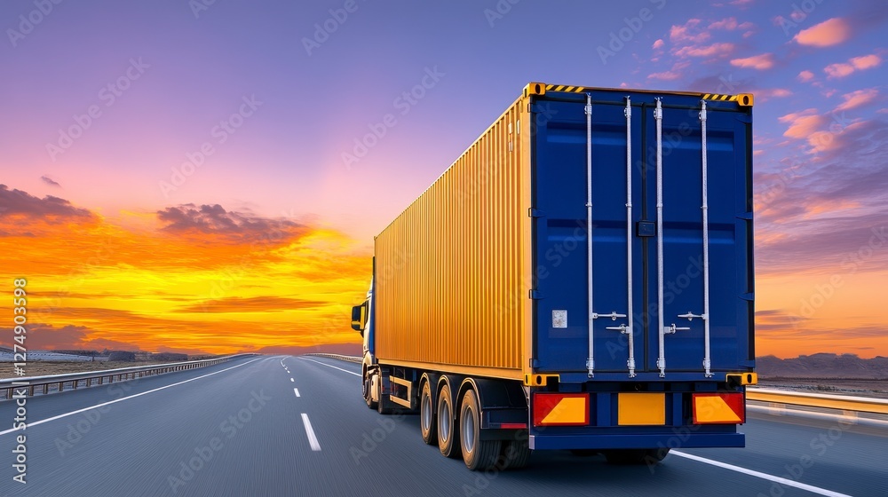 Truck on Highway with Colorful Sunset Sky at Dusk Truck on Highway with Colorful Sunset Sky at Dusk