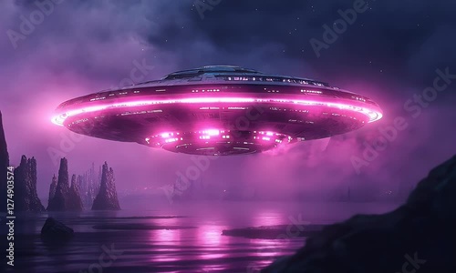 Pink UFO hovering over alien landscape, night